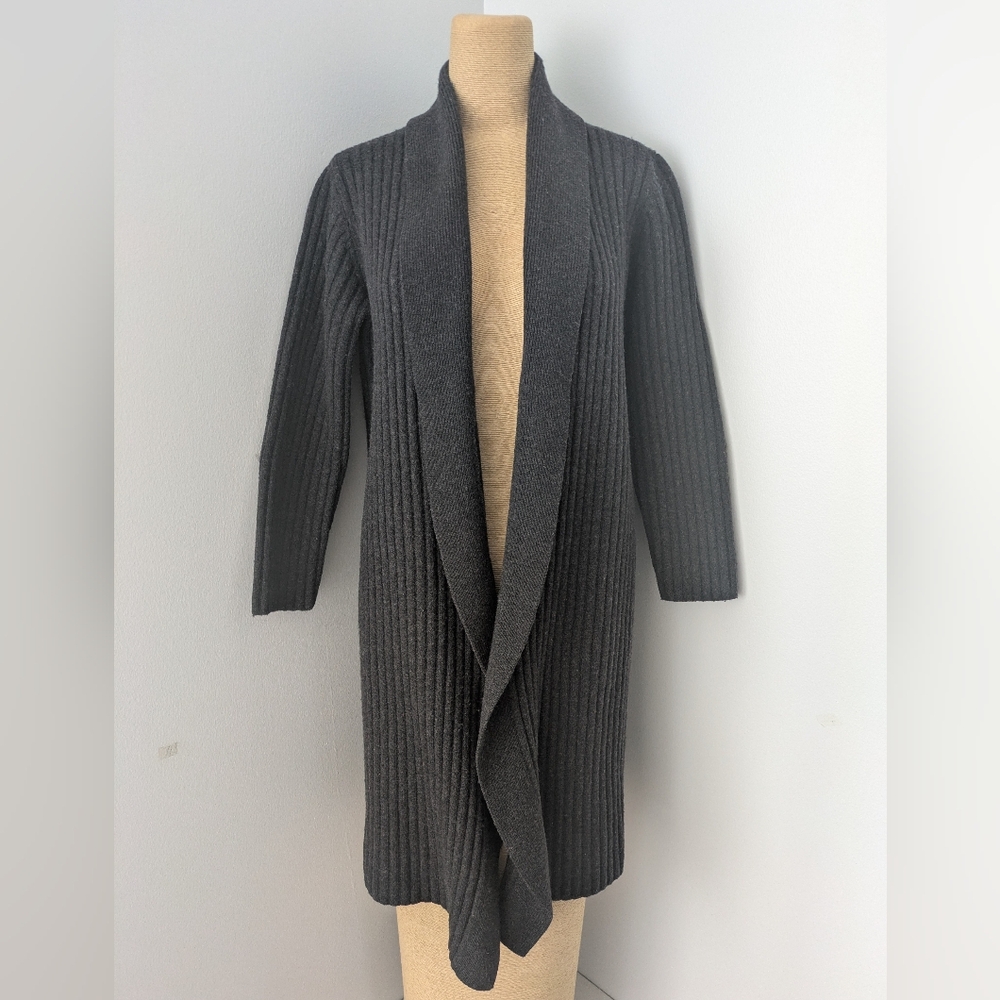 Ralph Lauren Dark Charcoal Ribbed 3/4 Sleeve Open-Front Shawl Cardigan